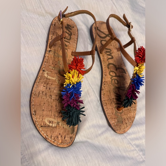 SAM EDELMAN Sz 10.5 GATES EMBELLISHED LEATHER FRINGE THONG SANDAL MULTICOLOR - Picture 5 of 8